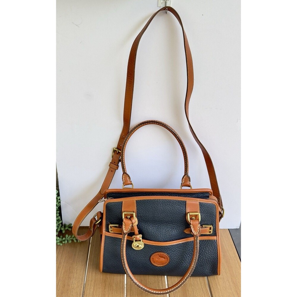 Dooney & Bourke Navy Pebbled Leather Double Handle Med Satchel Bag -VTG USA R212